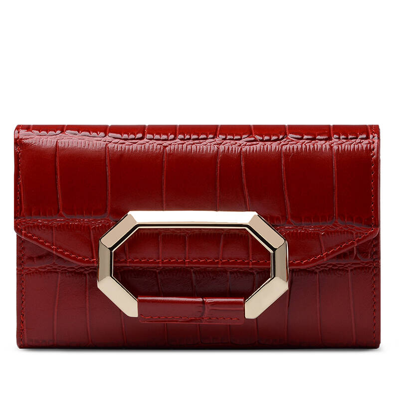 美国polo 钱包 女鳄鱼纹女士钱包真皮多卡位手拿包070011 酒红色