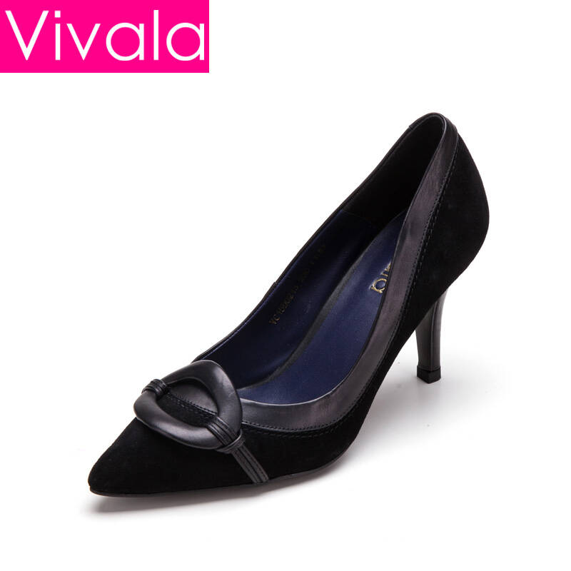 vivala单鞋女2015春季新款尖头高跟鞋真皮浅口女鞋细跟女式低帮鞋
