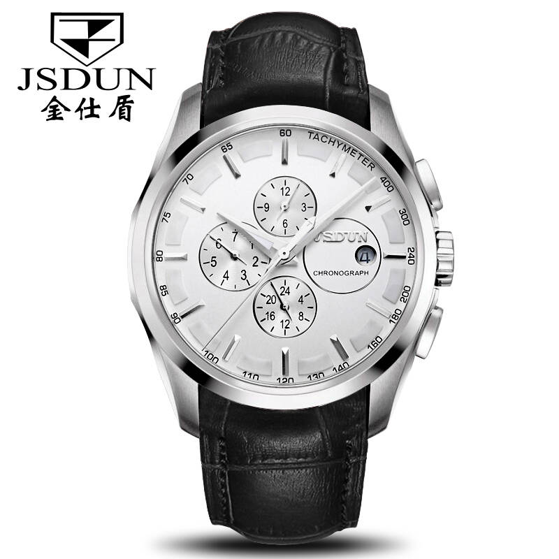金仕盾(jsdun) 手表男士机械表 夜光大气三眼男式腕表 真皮带防水男表