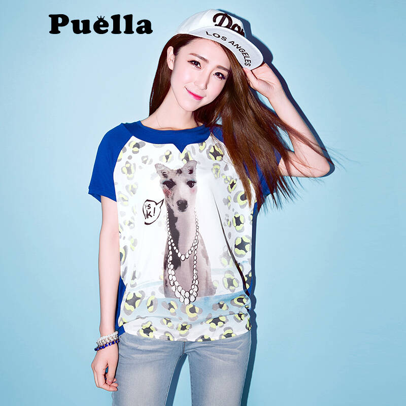 拉夏贝尔sport 动物印花中长款宽松薄款短袖t恤 女 宝蓝 l