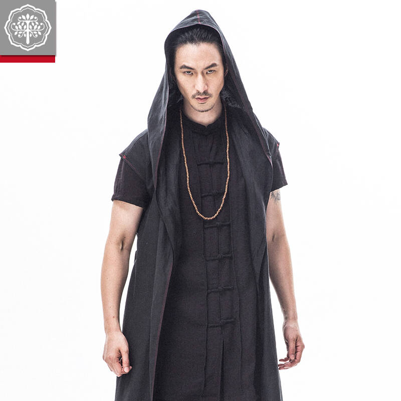 意树长袍汉服改良中长款棉麻外套连帽男装中式原创中国风 玄色(预售6.