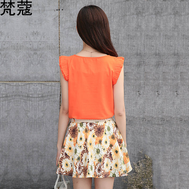 梵蔻2015夏季新款时尚显瘦棉麻两件套裙女韩版碎花短裙圆领短袖套装