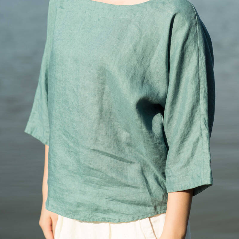 闲然2016春装新款亚麻女士上衣文艺清新打底衫纯色t恤女 青色 l
