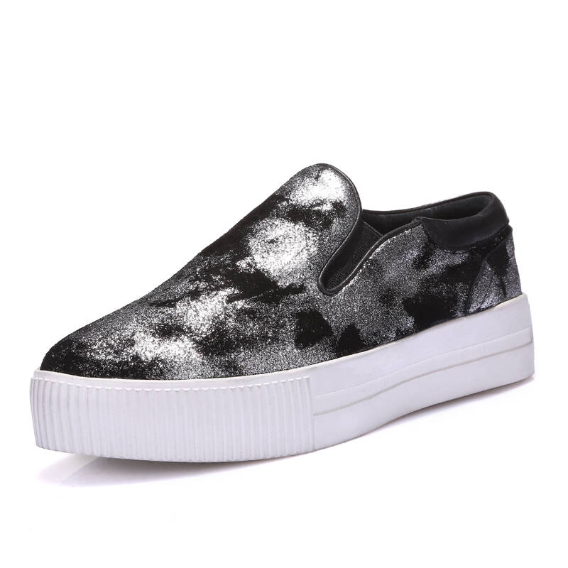 2015春夏乐福鞋女平底单鞋厚底懒人鞋内增高松糕鞋一脚蹬女鞋 银黑