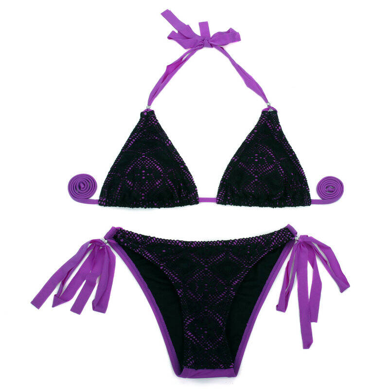 法国品牌relleciga新款紫色蕾丝性感三角比基尼bikini泳衣女显瘦分体