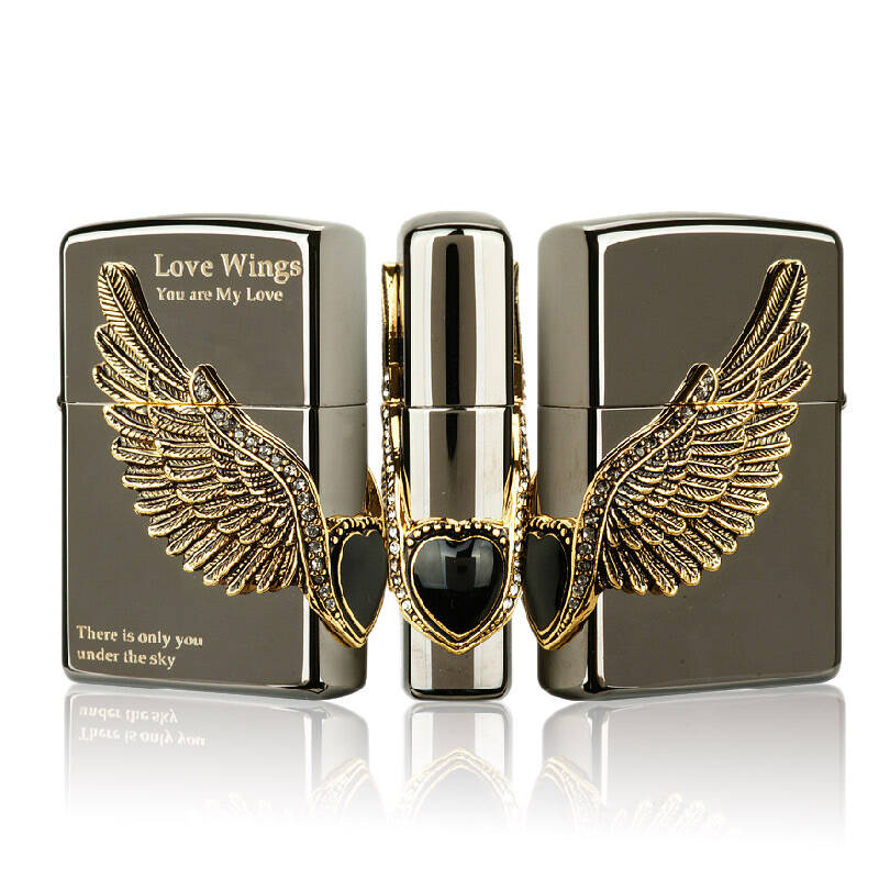 芝宝zippo打火机 正品 黑冰镜面雕刻 贴章 爱之翼 love wings 爱神之