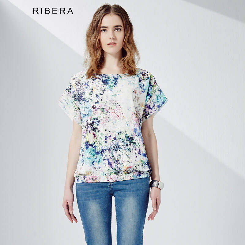 ribera夏装新款2015数码印花乱麻料连袖小衫女6522930044 蓝色 l