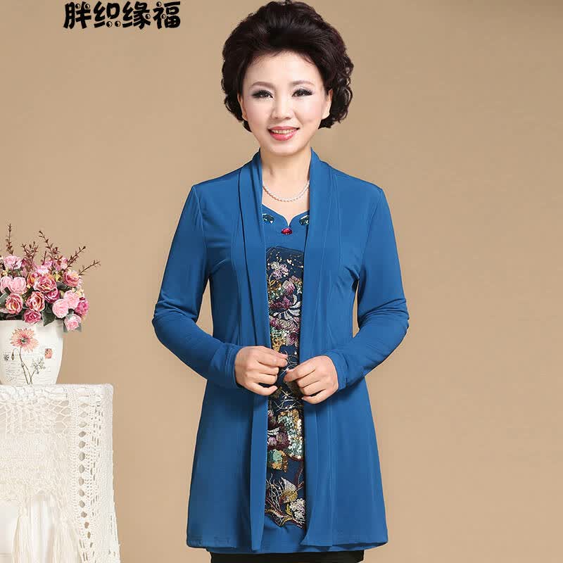 胖织缘福中老年女装春装长袖t恤妈妈装新款上衣 蓝色 xxxxxl