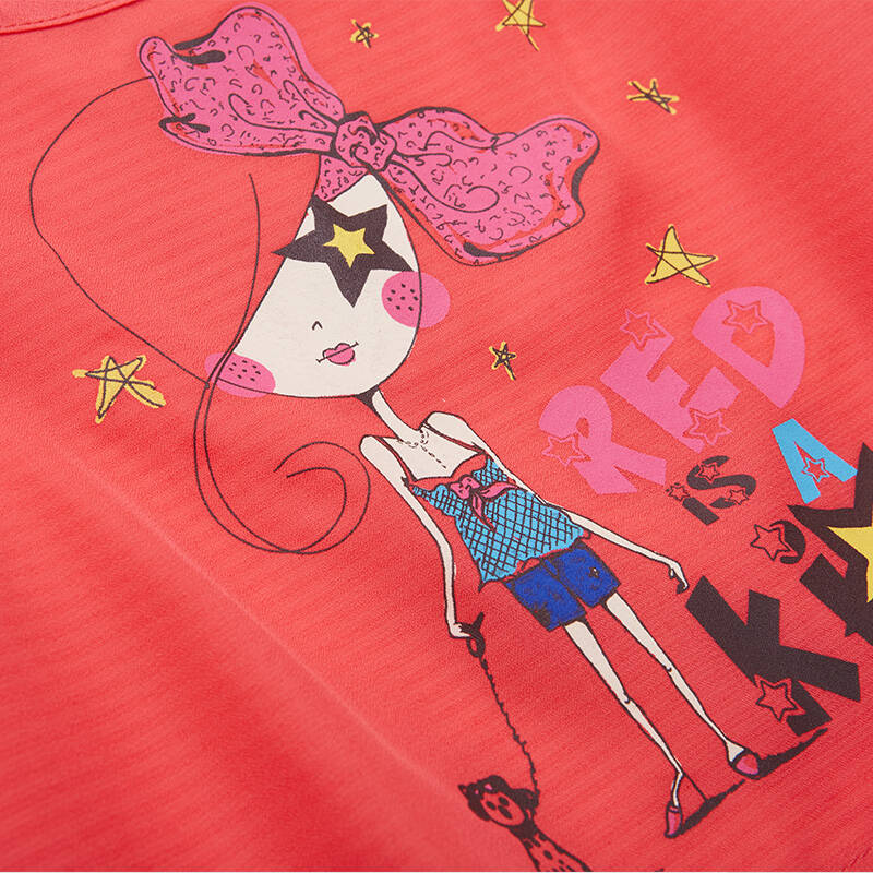 红孩儿品牌童装夏装新款女童假两件短袖t恤 女孩夏季短袖t恤衫 珊瑚红