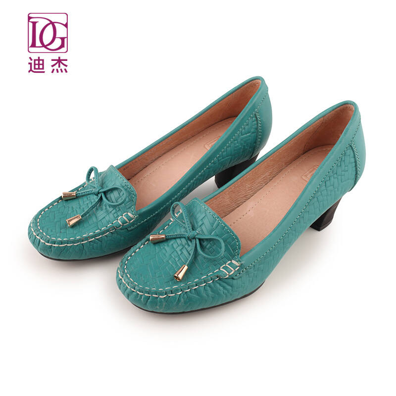 dg迪杰 秋款新品舒适粗跟高跟休闲浅口蝴蝶结圆头真皮单鞋女an