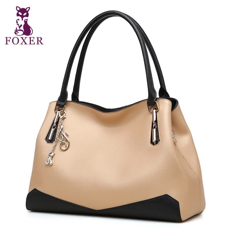 金狐狸(foxer)女包纳帕纹牛皮撞色通勤包939025f1i杏色