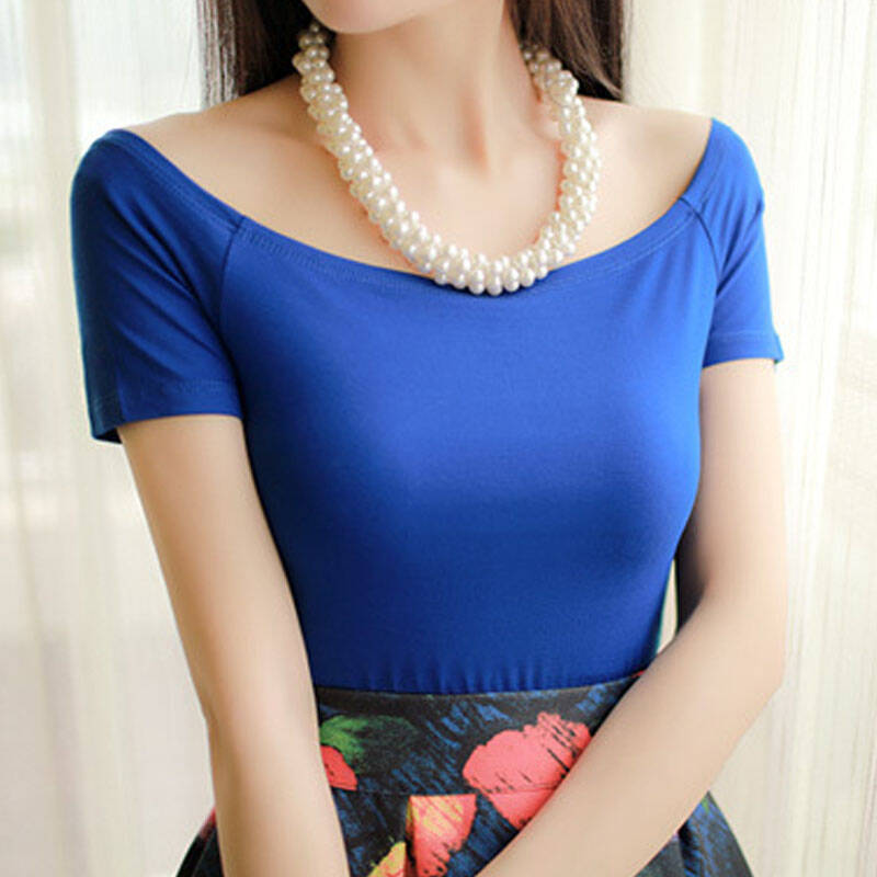 奥得雅一字领露肩紧身t恤修身女上衣短袖打底衫性感露背纯色t恤 蓝色