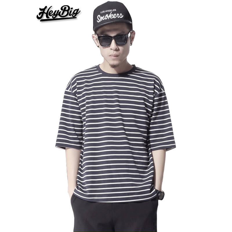 heybig2015夏季宽松条纹短袖t恤 韩版学生短袖 男士潮流t恤 海魂 海军