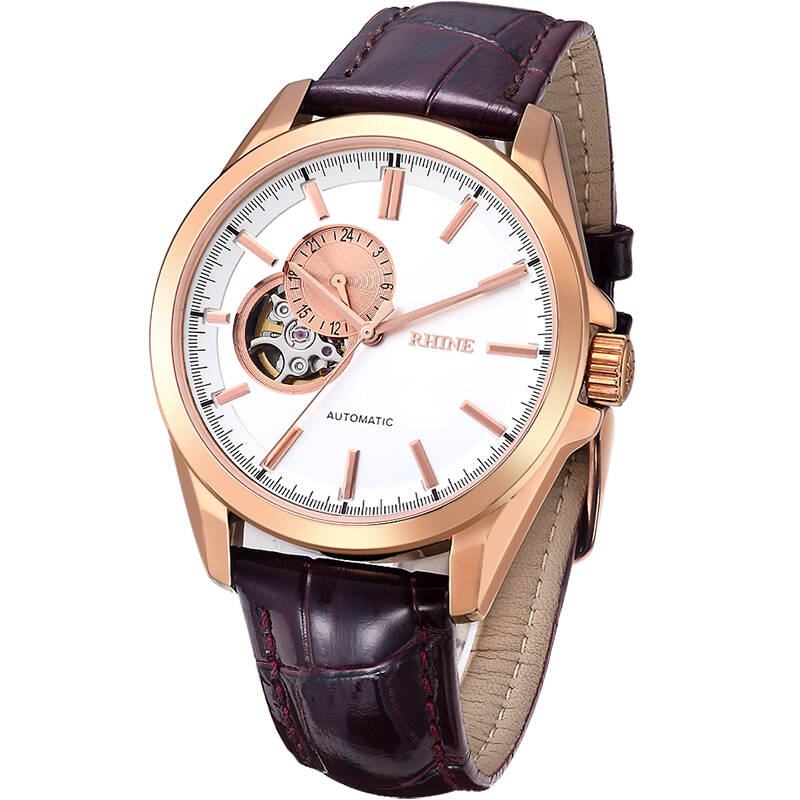 莱茵(rhine)手表 蓝宝石防水全自动镂空机械男表 r89232m白玫皮带