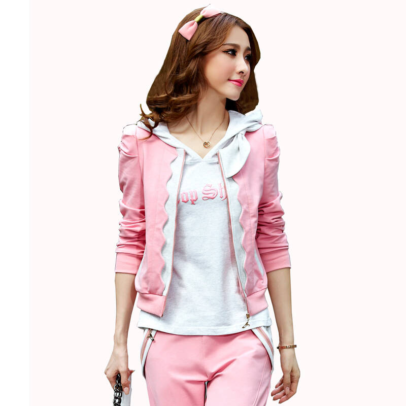 套装时尚休闲套装女运动服三件套 粉色 xl 适合110-120斤左右 - 京东