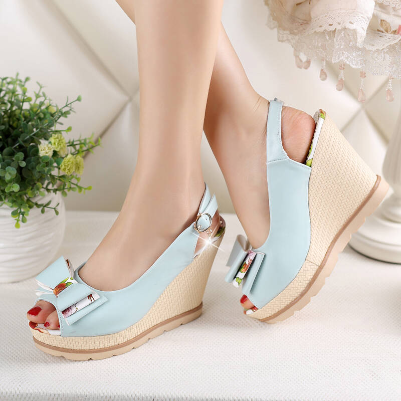 漫蒂莎斯2015新款超高跟套脚鱼嘴鞋甜美蝴蝶结坡跟防水台松糕凉鞋优雅