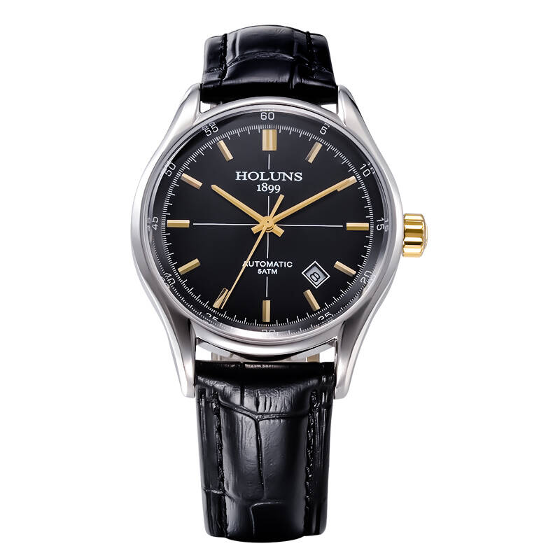 豪伦诗(holuns)男士手表休闲日历机械表精钢钢带防水背透男表 草绿色