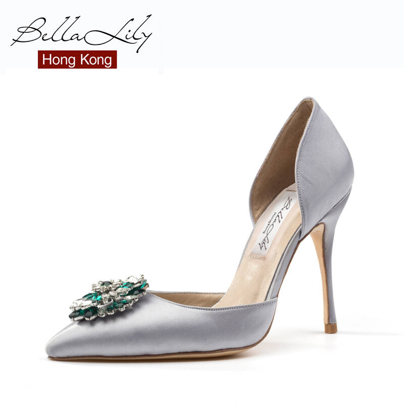 bellalily2015春夏新款尖头高跟鞋水钻细跟侧空浅口单