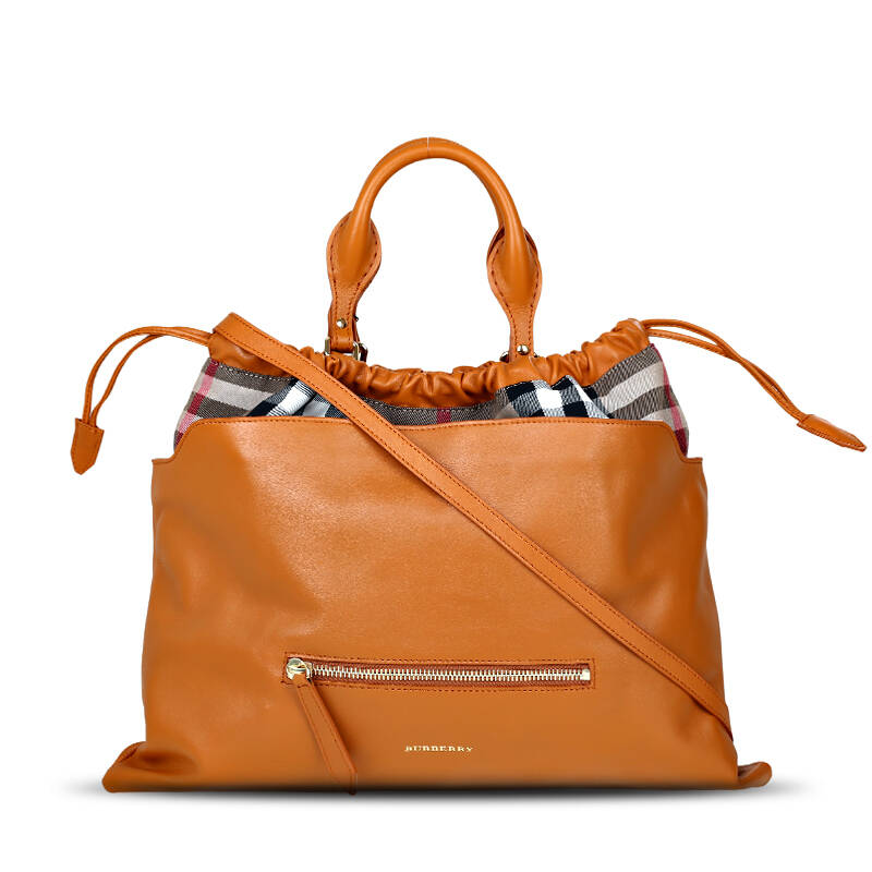 巴宝莉 burberry 女款big crush格纹配皮抽绳手袋手提斜挎包 铜橙色