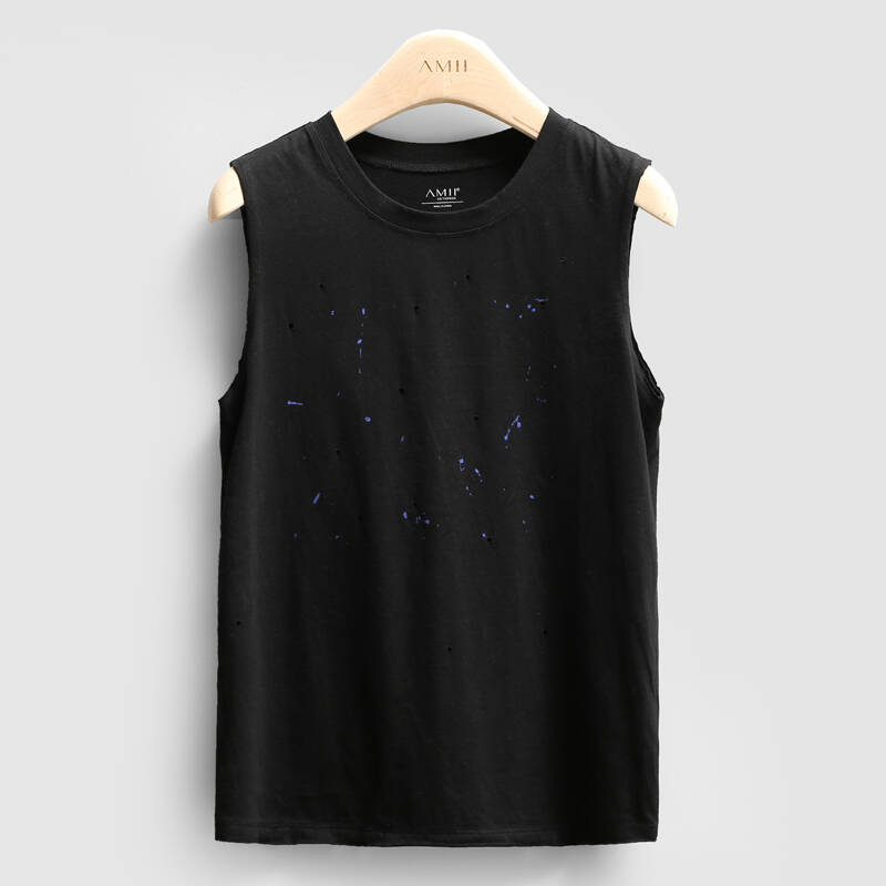 amii圆领纯棉泼墨印花破洞背心 黑色 l