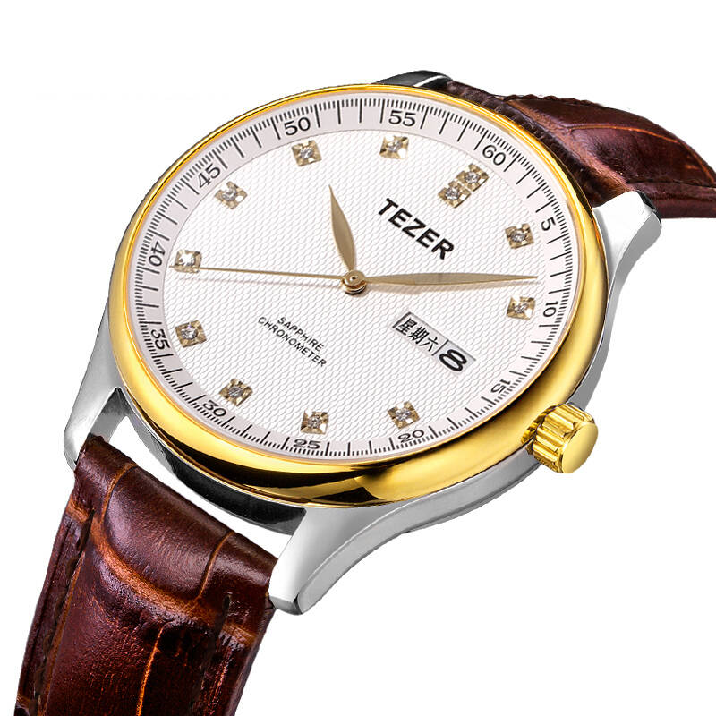 天时(tezer)手表 男士手表男表石英表t5003g 间金皓钻棕皮