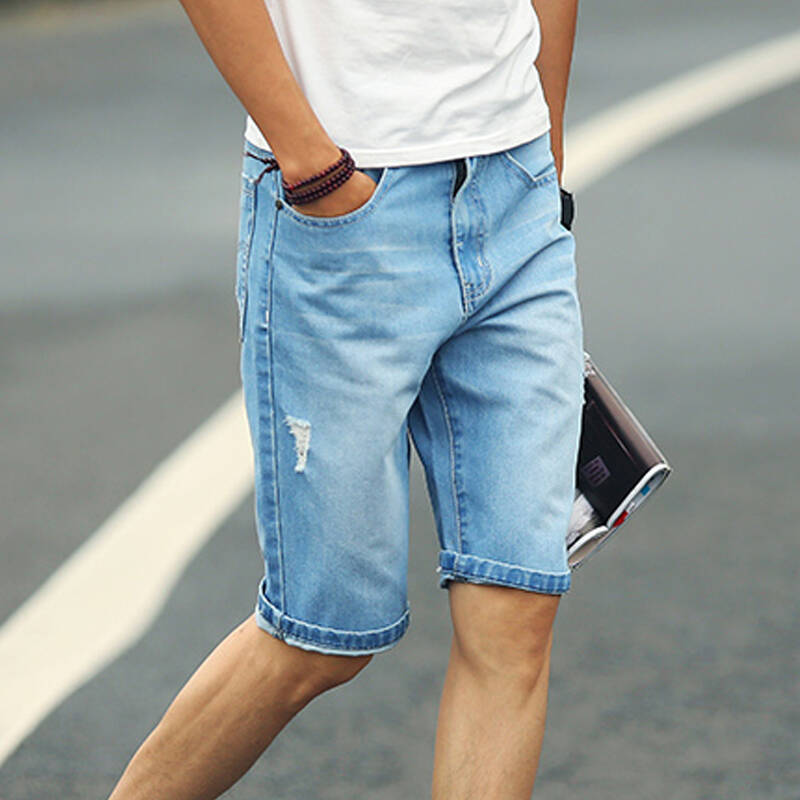2015夏装新款男士休闲牛仔短裤 水洗牛仔裤破洞牛仔短裤男青年 浅蓝色
