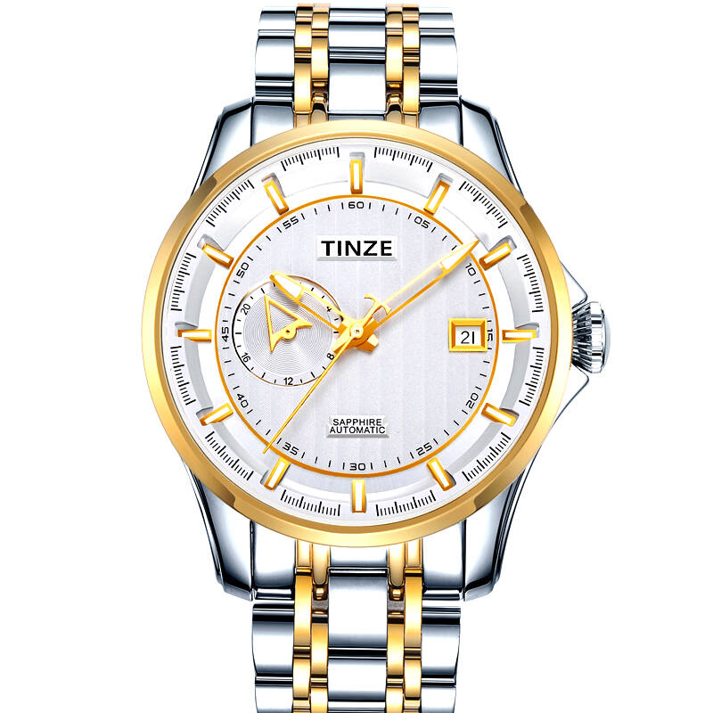 天际(tinze)男士手表 高端精钢全自动机械男表 镀金表带夜光防水5572