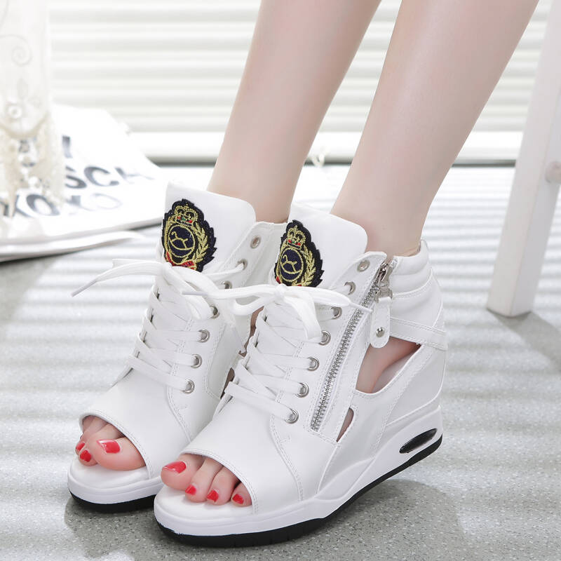 嘴鞋坡跟凉鞋女厚底凉鞋高跟鞋内增高女鞋子休闲鞋高帮时装凉鞋 白色