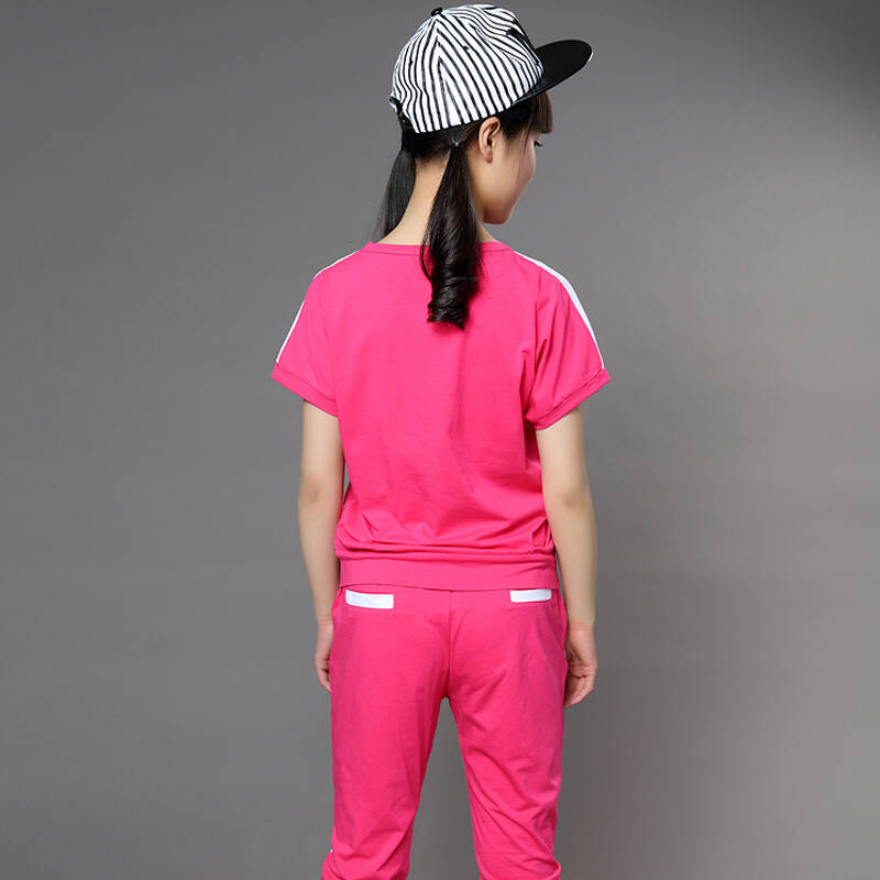 身能比高 童装夏女童套装2015新款短袖t恤短裤大童女套装 玫瑰红色