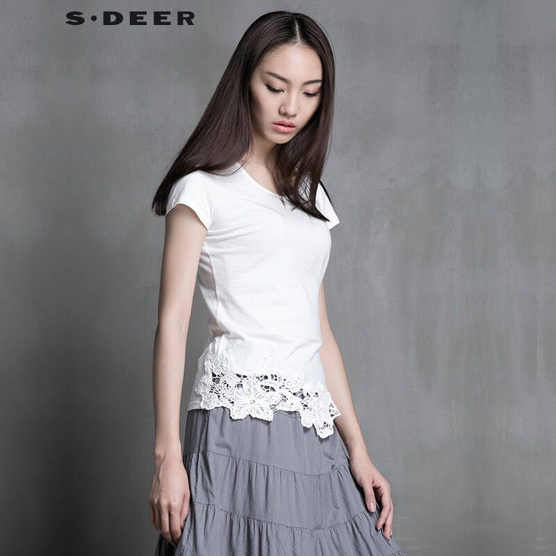 圣迪奥 sdeer 2015夏装新款女装夏装简约唯美钩花摆短袖t恤4280155