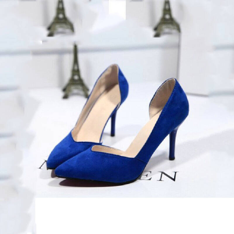 尚优彩帛尖头绒面糖果色细跟高跟凉鞋女鞋子bby2302 蓝色 38