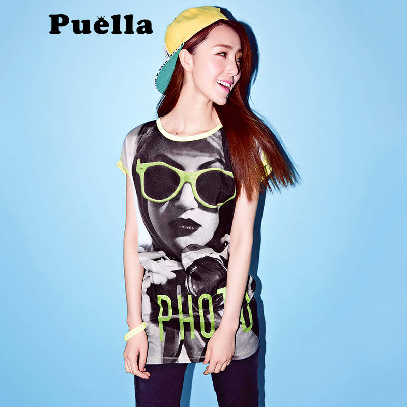 拉夏贝尔sport 人物数码印花 中长款宽松雪纺t恤 女 柠檬黄 m