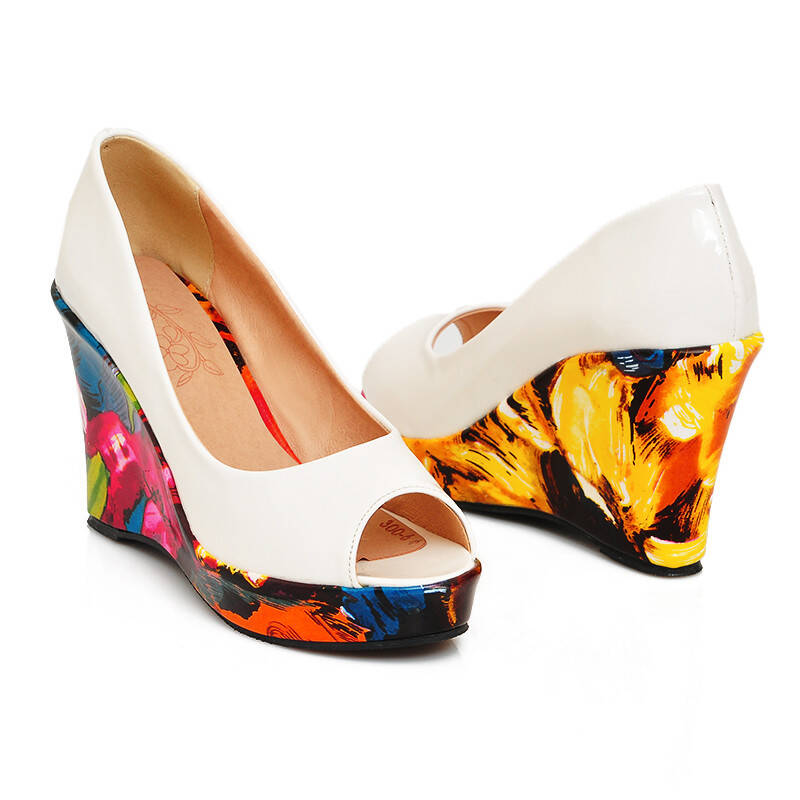 超高跟性感鱼嘴女凉鞋 夏季新款 优雅时尚欧美风鱼嘴口拼色坡跟女凉鞋