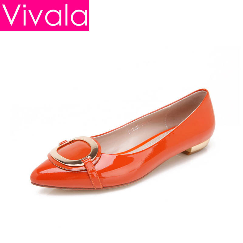 vivala 春夏新品 漆皮小尖头金属扣平跟真皮女单鞋 橙色 35