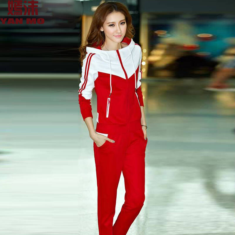 嫣沫2015春季新款韩版时尚休闲运动服女套装y9037 红色 xxxl