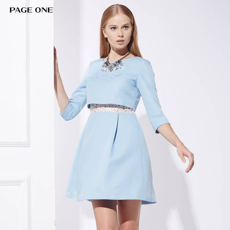 page one/佩吉女装 2015春季新款纯色连衣裙腰部蕾丝透视625022 21浅