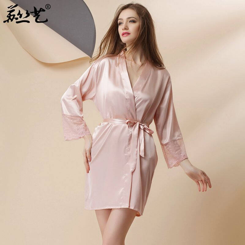 苏丝艺 新款蕾丝长袖单件秋季睡袍大码长款家居服女诱惑丝绸浴袍性感