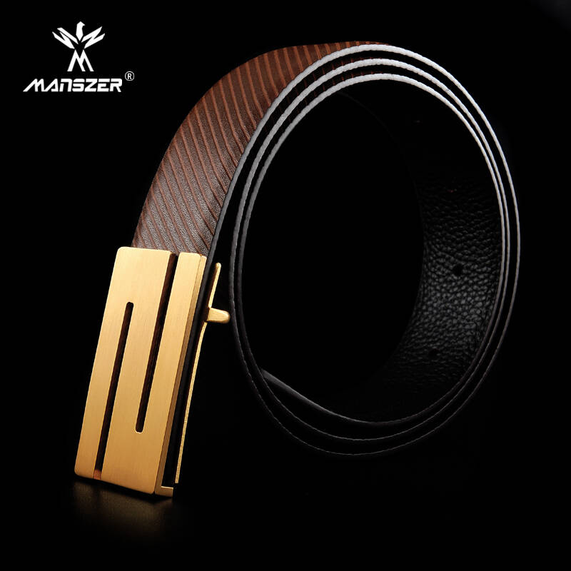 曼思哲manszer 男士真皮皮带 正装商务平滑扣纯牛皮腰带s型铜扣男款