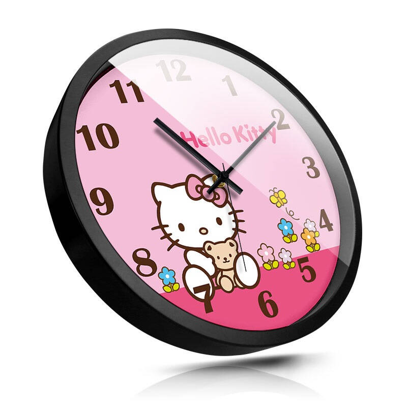 金属静音挂钟12英寸hello kitty时钟卡通小猫儿童房石英钟he0115黑色