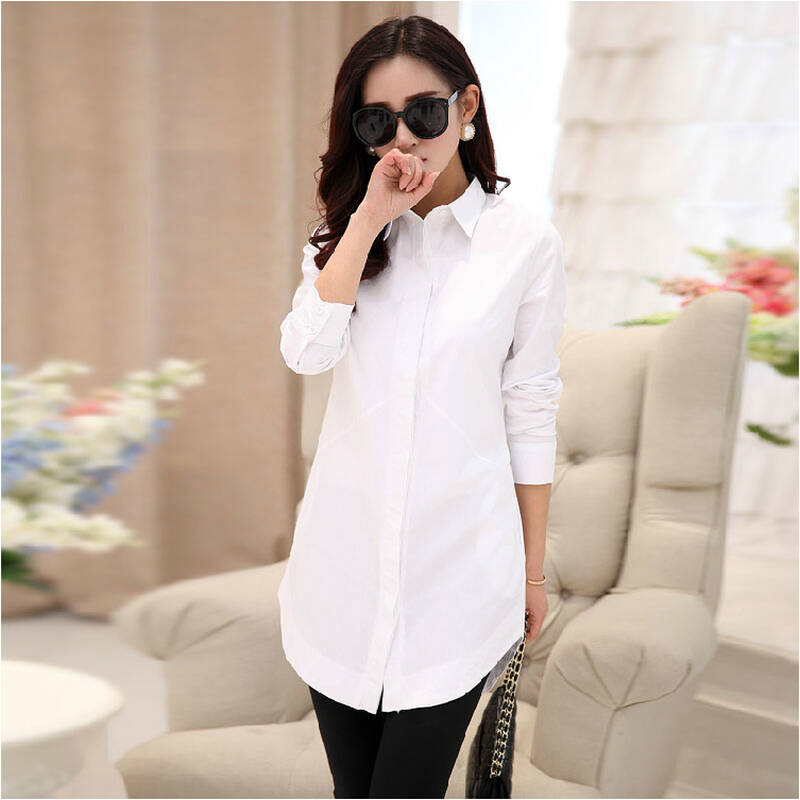 休闲白衬衫女长袖韩版宽松中长款白色全棉衬衣5165 白色 xl - 京东