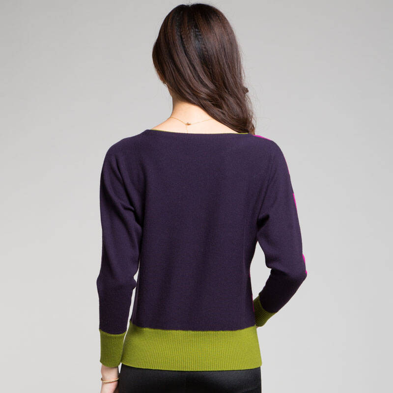 恒源祥纯羊毛女士羊毛衫印花圆领拼色毛衣针织衫中老年妈妈装 土绿 m