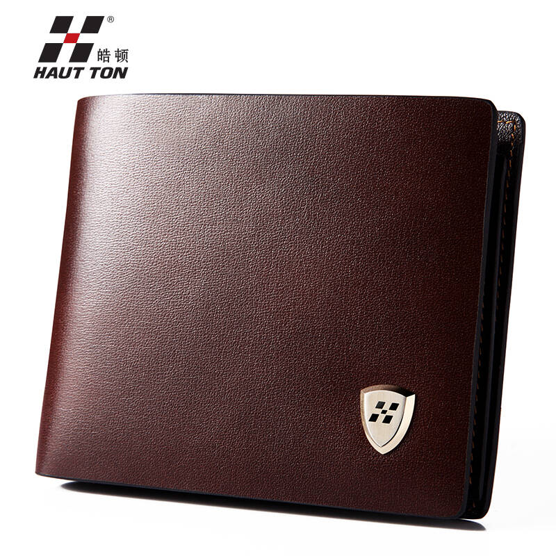 hautton/皓顿 男士头层牛皮短款钱包钱夹 咖色牙签纹 横款1