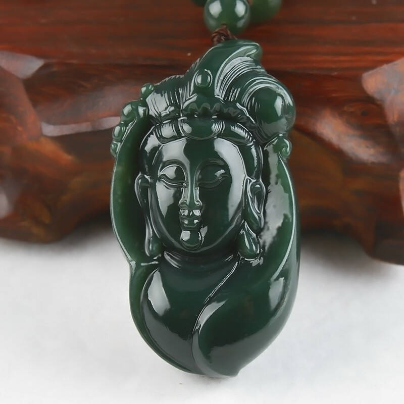 张益轩珠宝 和田玉吊坠 和田青玉水滴观音头像挂件男款玉石挂件项链
