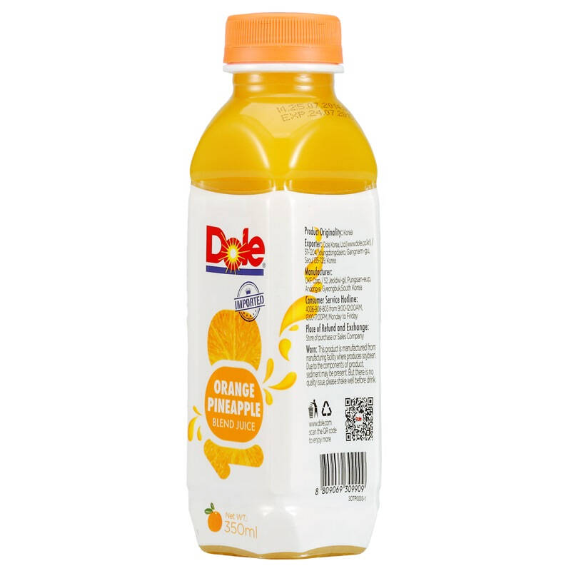 韩国进口dole都乐菠萝橙子复合果汁饮料 350ml*4瓶