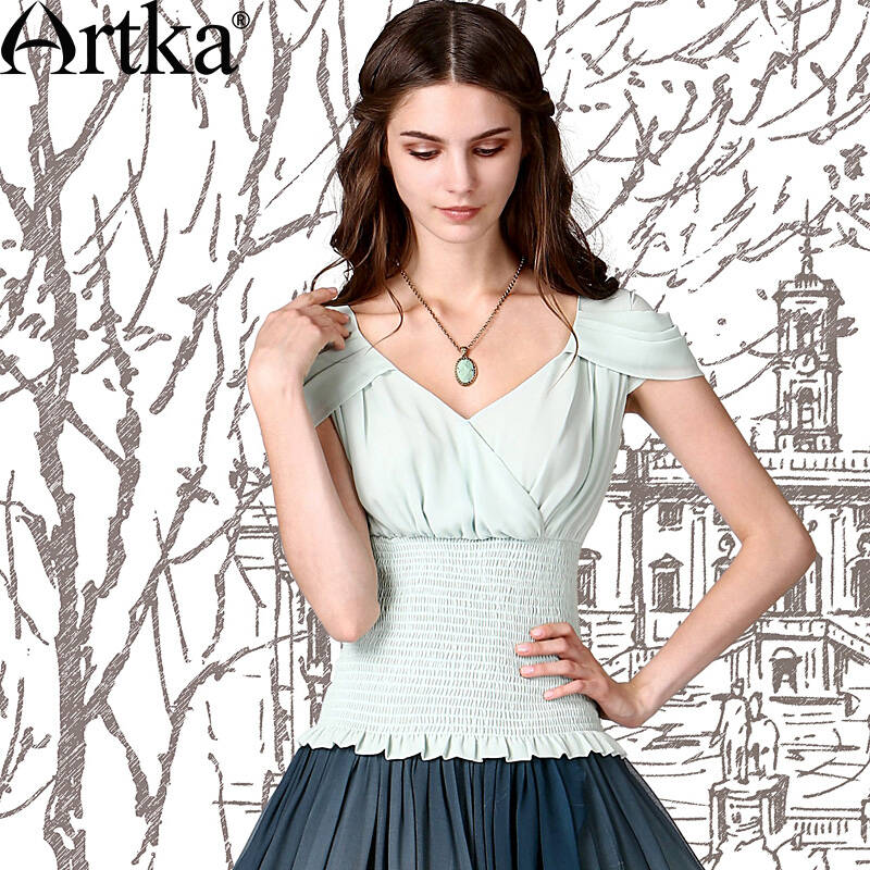 artka阿卡 苏曼2015夏装新款优雅端庄罗马袖交叉领雪纺衫sa18053x