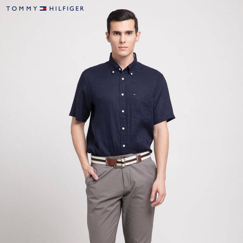 tommy hilfiger 品牌logo短袖衬衫(合身版)| 0887873576ls 403藏青色