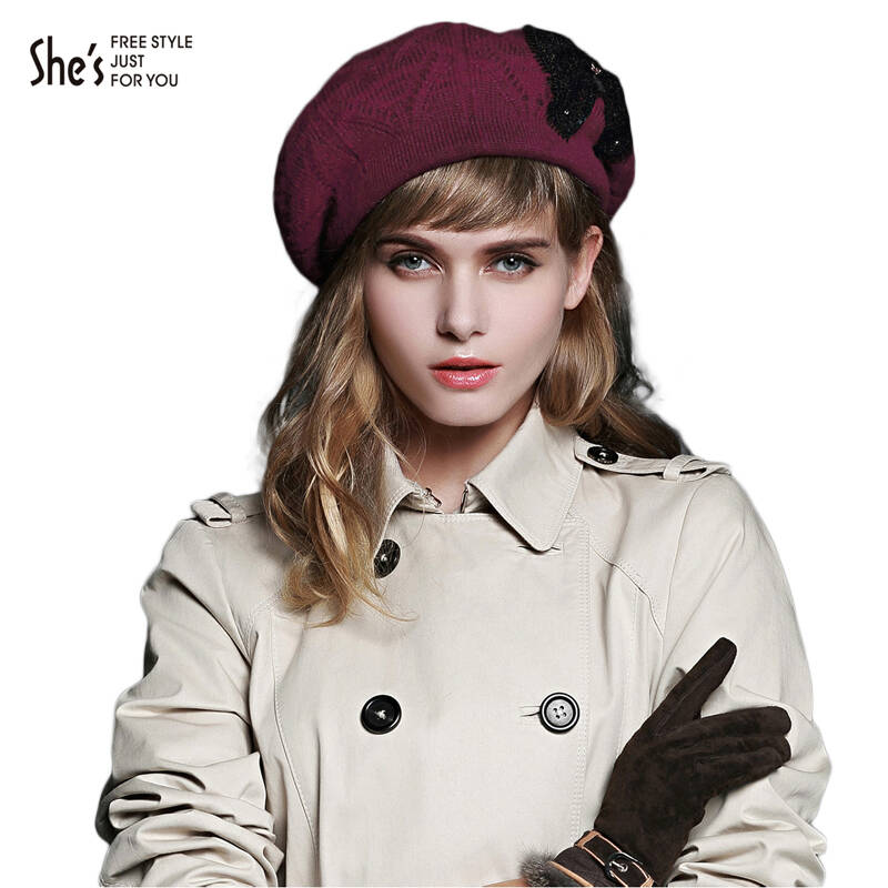 shes茜子秋冬新品蕾丝蝴蝶结兔羊毛混纺针织贝雷帽毛线帽子 sfh