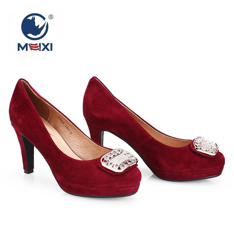 美国犀牛时尚女士单鞋 金属水钻真皮羊猄皮 高跟防水台 女鞋子 黑色