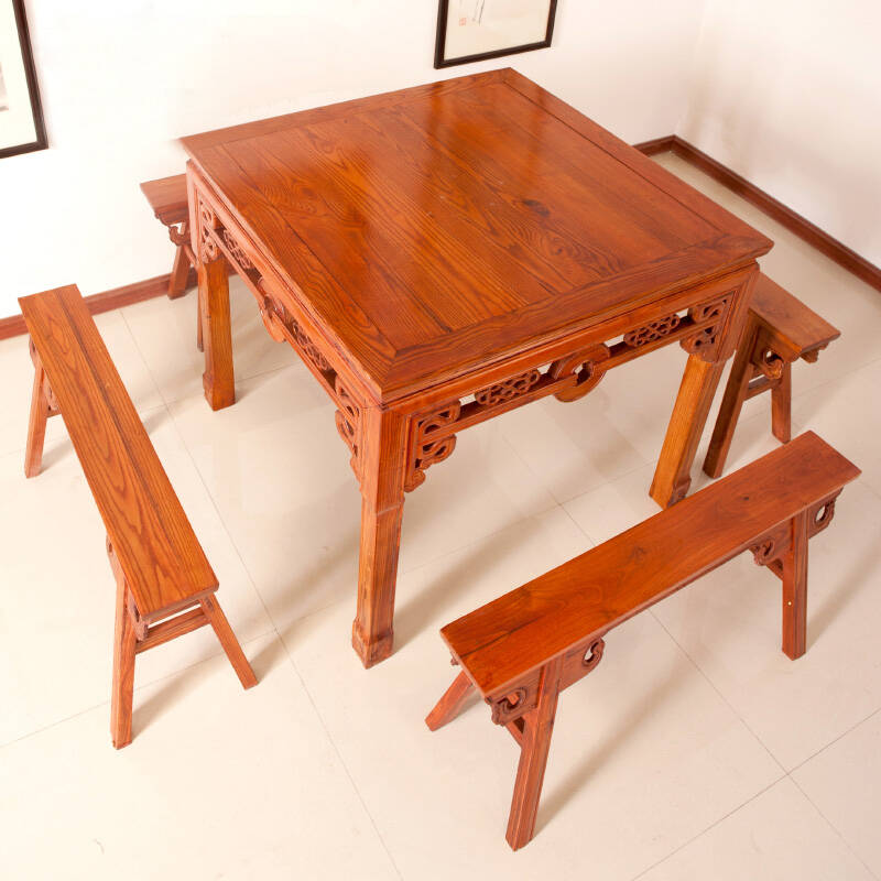 尤亚实木餐桌 花梨木四方桌 铜钱八仙桌 餐桌椅组合 中式明清仿古家具