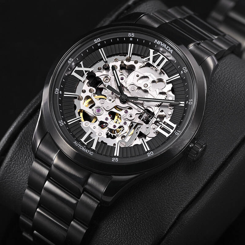 闪购自营 尼维达(nivada)时尚镂空黑钢自动机械男表gm6102-121229